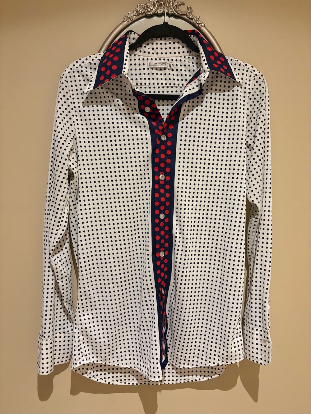 Killer Vintage Medici White w/ Navy & Red Polka Dot Dress Shirt with Red Accent